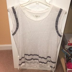 Madewell white tank with navy stripes.